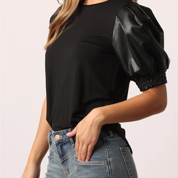 Another Love Tops - Another Love Size XS Black Puff Pleated Vegan Leather Sleeve Pullover Top